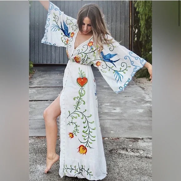 One size fits all. Boho Embroidered Hearts Magic Kimono Long Maxi Gown In  White